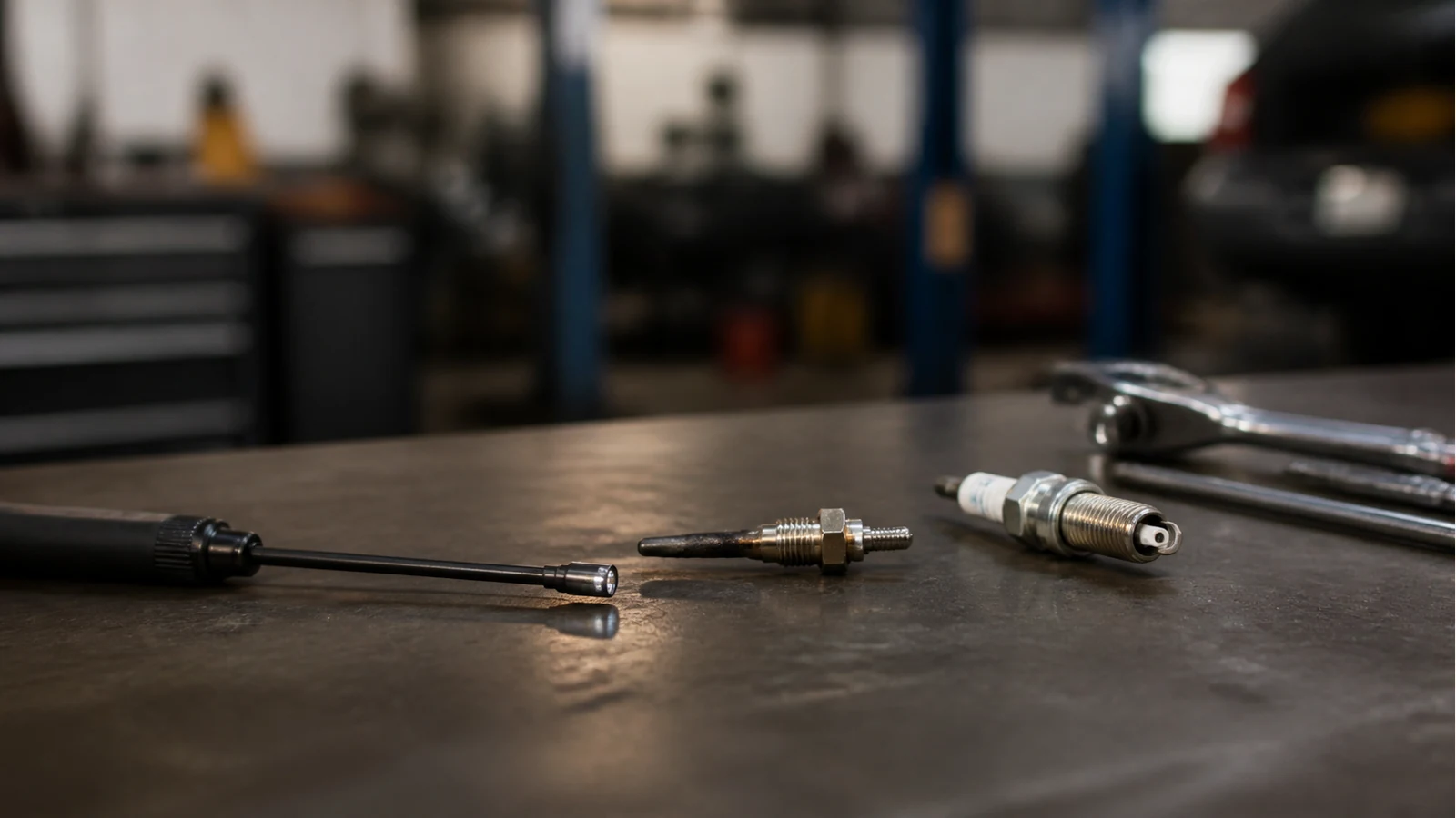 Glow plug beside spark plug with slim inspection probe tip for diameter comparison in a UK garage