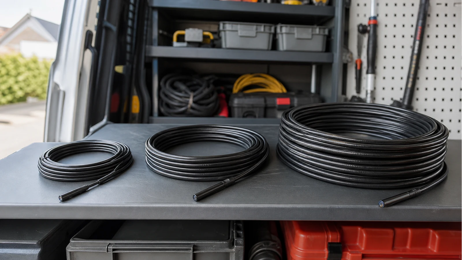 1 metre, 1.5 metre and 2 metre inspection camera cables coiled for comparison