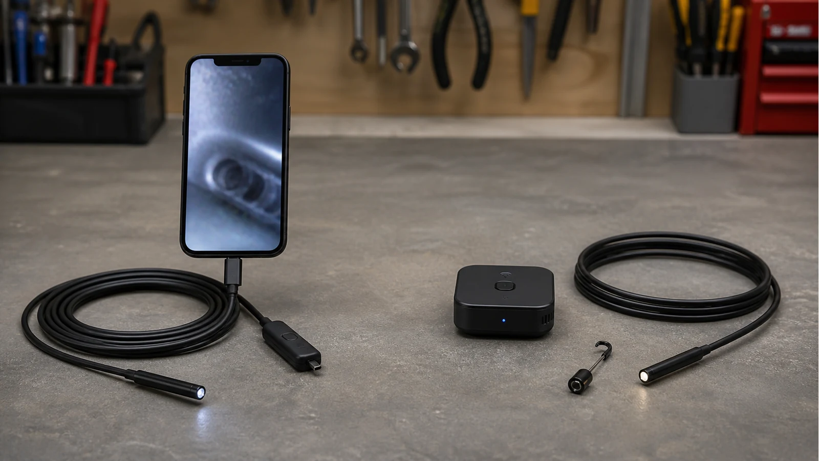 Comparison of wired USB-C and Wi-Fi phone endoscope setups on a workbench