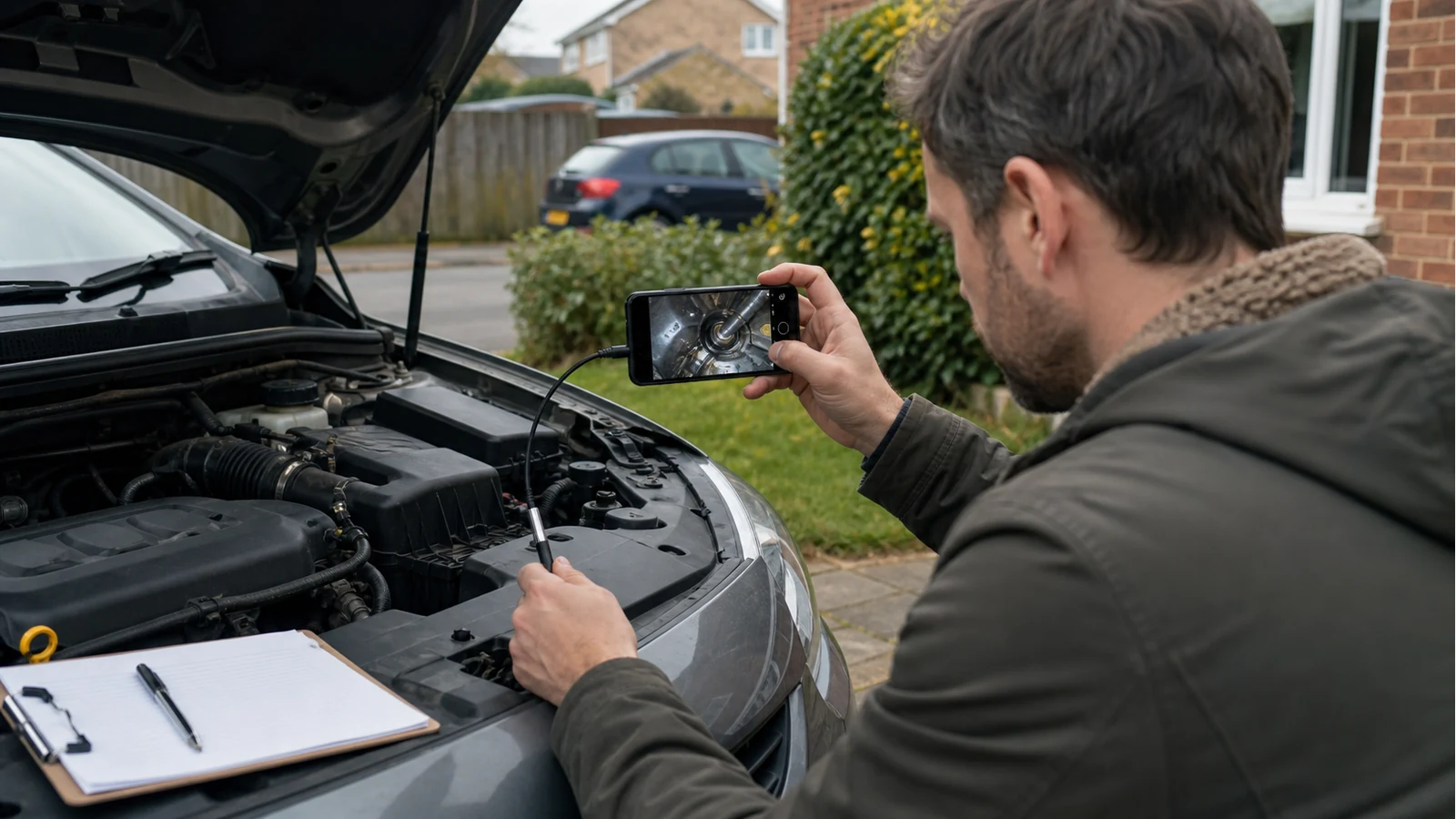 UK buyer checking a used car engine with a phone-connected inspection camera